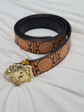 Versace Black Belt with Gold Medallion Pattern and Gold Medusa Buckle